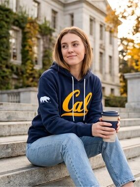 Signature Navy Crewneck Hoodie with Yellow "Cal" Script